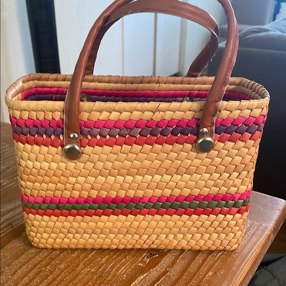 Multi Colors Hand Woven Natural Raffia Straw Tote Beach Bag Purse With Handles
